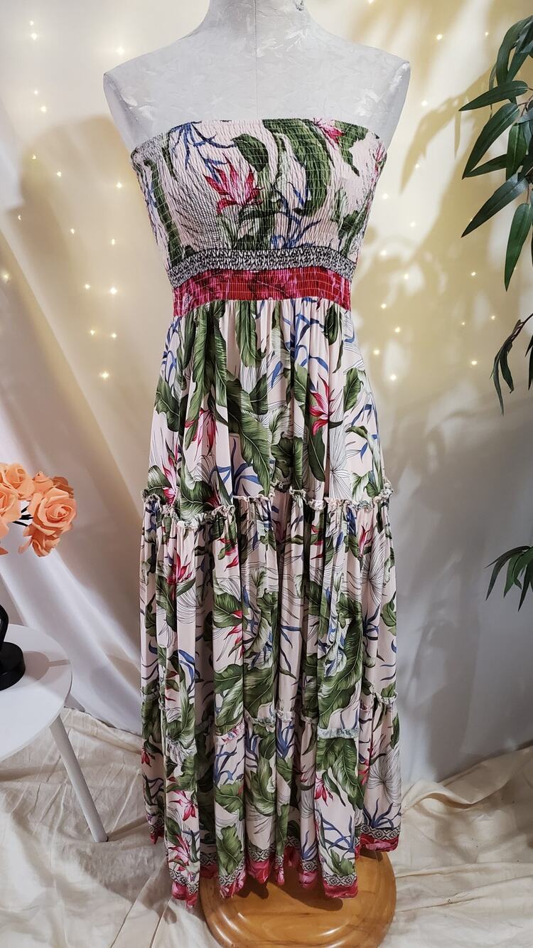 Jaase Strapless Salsa Rosa Floral Print Maxi Dress Boho Womens Size XS Tropical
